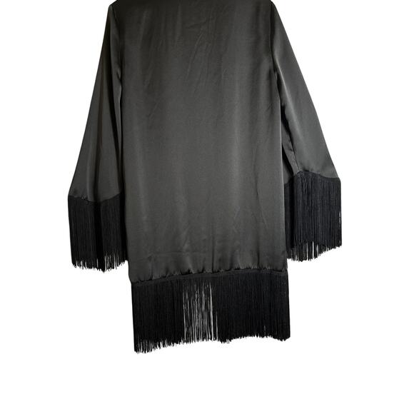 Forever 21 Women’s Fringe Trim Satin Kimono Cardigan Black, New With Tags Size M - Picture 6 of 8
